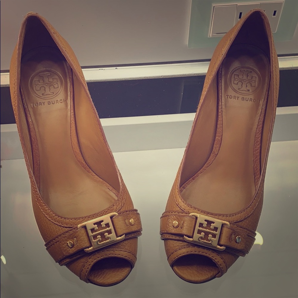 Tory Burch Ambrose Open Toe Wedge- Royal Tan